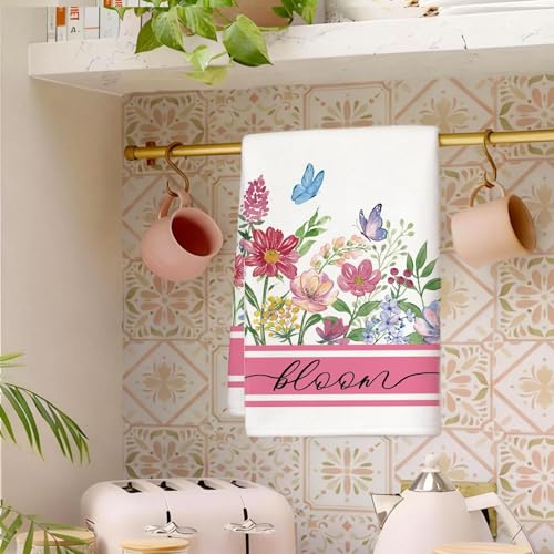 Image of Summer Wildflower Kitchen Towels, Butterfly Dish Towels Set of 2, Spring Watercolor Pink Floral Farmhouse 18 x 26 Inch Hand Towel Quick Drying Dishcloth Decor for Kitchen Bathroom Home