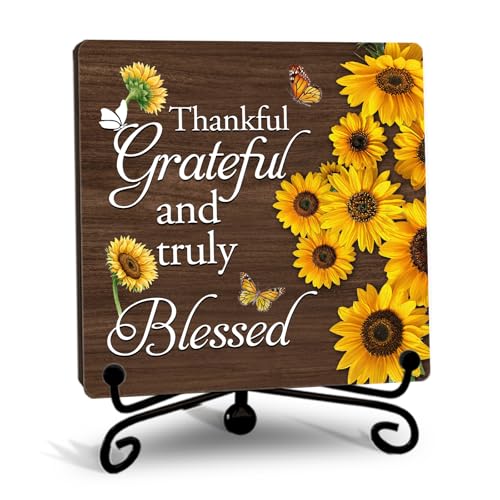 Thankful Gratefull and Truly Blessed Wooden Sign, Farmhouse Sunflowers Desk Decor for Home, Bedroom, Office, Inspirational and Motivational Gifts for Housewarming (A14)