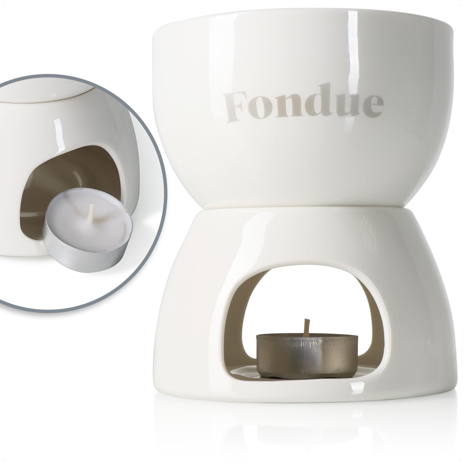 COM-FOUR® Set per fonduta di cioccolato - ciotola in ceramica con portacandela e 4 forchette - crogiolo per cioccolato e formaggio - bianco