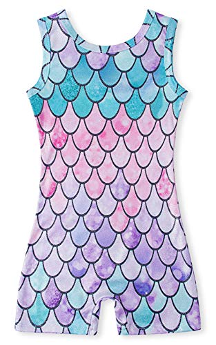 Uideazone Girls Fashion Leotards Pretty Gymnastics Biketards Turquoise Dark Green Bodysuits Pink Mermaid Scale Dance Ballet Clothing Crew Neck Swimsuits 4t 5t Gym Suits