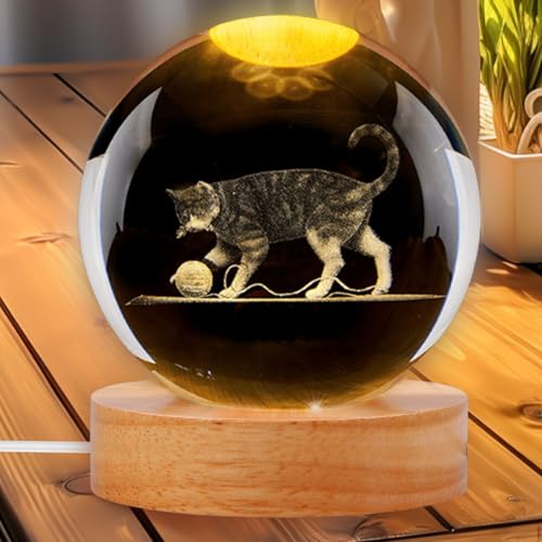 GOMETY Katzen Lampe, 3.15inch Kristallkugel mit LED Holzsockel, 3D Glas Kristall Katzen Nachtlicht Led Lampe, Nachtlicht für Kinder Weihnachtsgeschenke für Mädchen Junge (Lebhaft) GOMETY Katzen Lampe, 3.15inch Kristallkugel mit LED Holzsockel, 3D Glas Kristall Katzen Nachtlicht Led Lampe, Nachtlicht für Kinder Weihnachtsgeschenke für Mädchen Junge (Lebhaft)