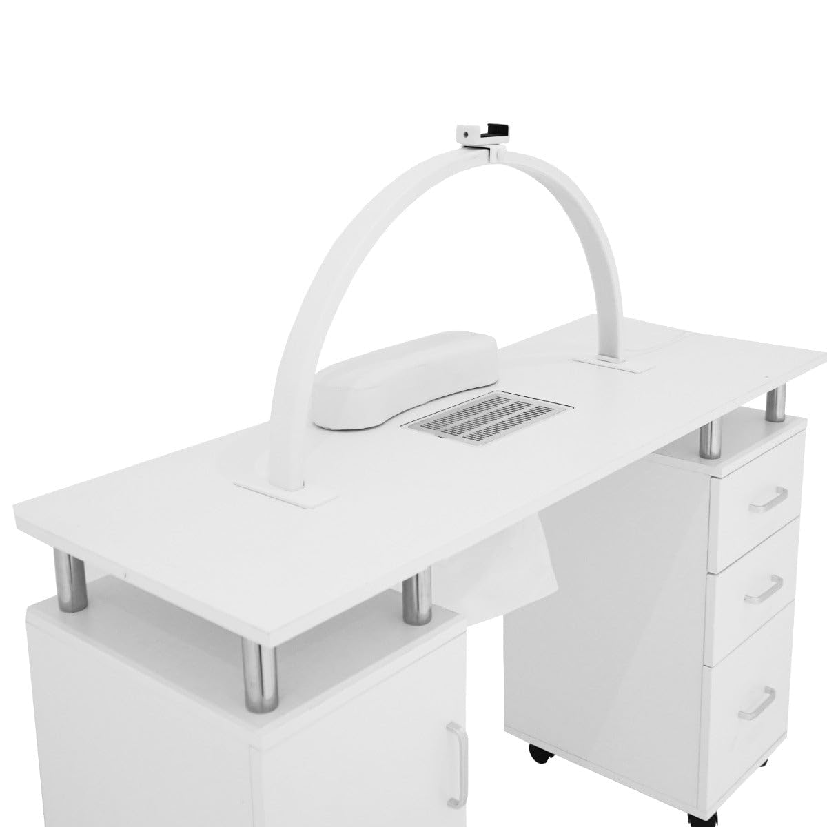 Mesa Manicura Profesional c/Colector de Polvo y Ruedas + Lámpara de Mesa Media luna LED 50 W | Regulable 3000-6000K | Soporte teléfono | Almohadillas para fijar | Pestañas, Uñas, Tatuajes, Estética