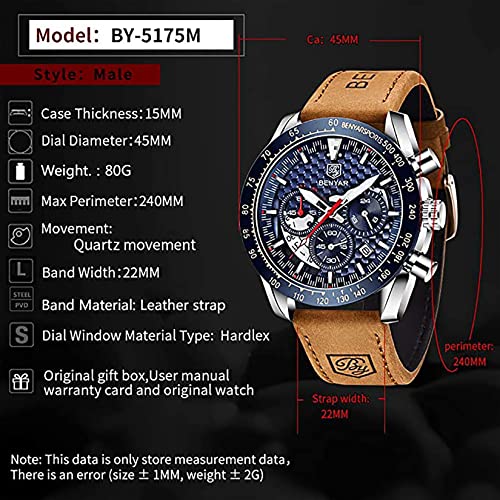 Benyar Mens Watches 45Mm Large Quartz Movement Chronograph Leather Strap 30M Waterproof Sport Scratch Resistant Elegant Wrist Watch For Men (Silver-Blue) #TOP2