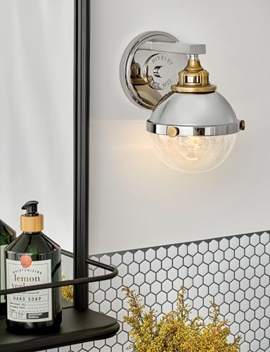 Hinkley Fletcher 5170PN Single Light Vanity Wall Sconce - Vintage Industrial Fixture, Clear Seedy Glass, Bath and Beyond - Polished Nickel + Heritage Brass