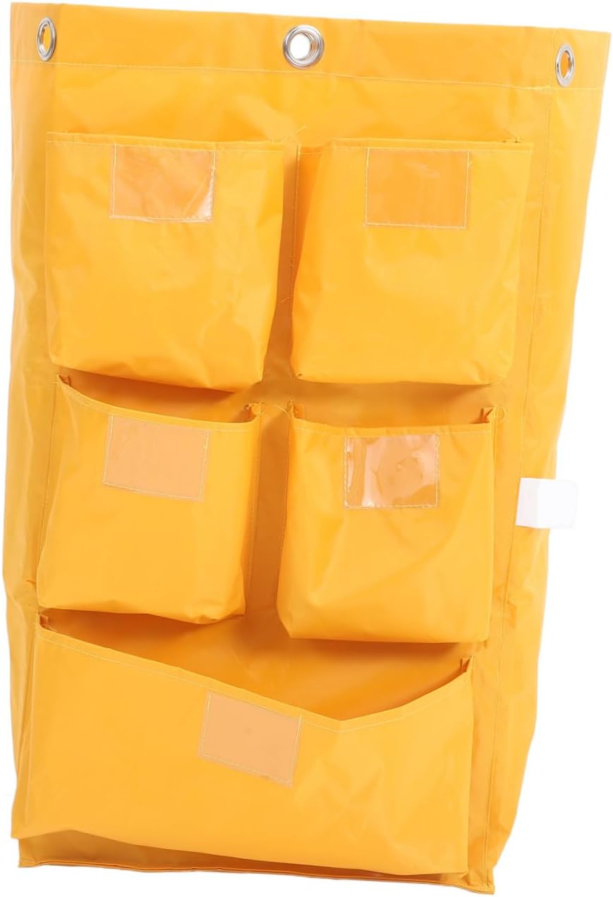 NOLITOY Waterproof Cleaning Cart Bag with 5 Pockets, Heavy-Duty Canvas Janitorial Replacement Bag for Housekeeping Carts, Yellow Sturdy Storage Sack for Industrial Cleaning Supplies