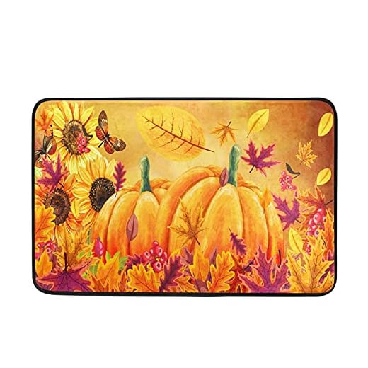 Sunflower Pumpkin Door Mats Fall Autumn Flowers Butterfly Maple Leaves Floor Mat Indoor Outdoor Entrance Bathroom Doormat Non Slip Washable Welcome Mats Home Decor 23.6 x 15.7 inch