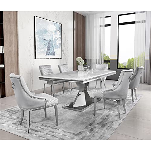 Azhome Dining Chairs, Dining Room Chairs With Nailhead Trim In Grey, Contemporary Upholstered Dining Room Chair Silver Stainless Steel Legs, Set Of 6 #TOP1
