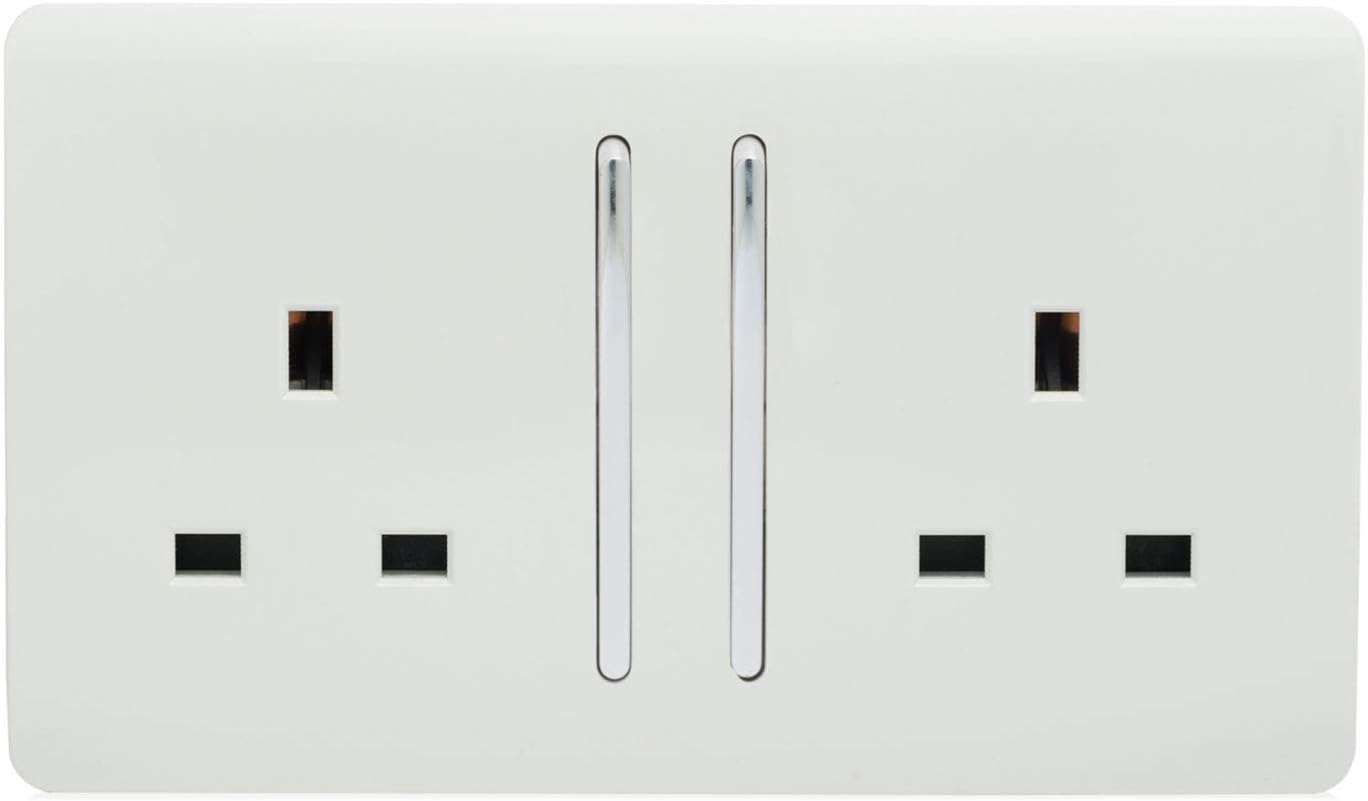 Trendi Switch 2 Gang Artistic Modern Glossy 13 Amp Electrical Long Switched Plug Socket Gloss White ART-SKT213LWH