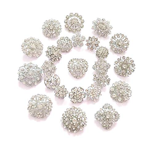ZINSBEDI 24pcs Lot Rhinestone Crystal Flower Brooches Pin Set (silver
