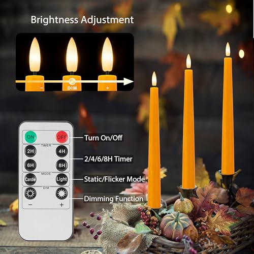 Image of Orange Flameless Taper Candles, 9.6 inch Halloween Battery Operated Candles with Remote, Real Wax Fall Led Candle, Flickering Flameless Candlesticks for Fall, Thanksgiving, Harvest, Halloween Decor, 3 Pcs
