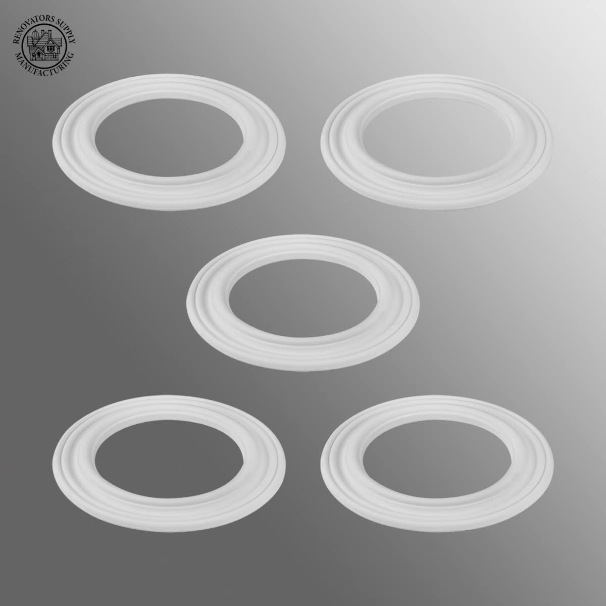 Renovators Supply Manufacturing Recessed Ceiling Fan Spot Lighting Trim White Urethane Decorative Concentric Medallion Foam 6.5" ID X 10.13" OD Water Resistant Lightweight Light Rosettes Pack of 5