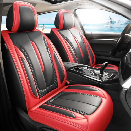 Image of Fit RAV4 Car Seat Covers for Toyota RAV4 2013-2025 2026 - Premium Breathable Leather,Airbag Compatible,Waterproof All-Weather Seat Cushion Protector, Full Set Red&Black