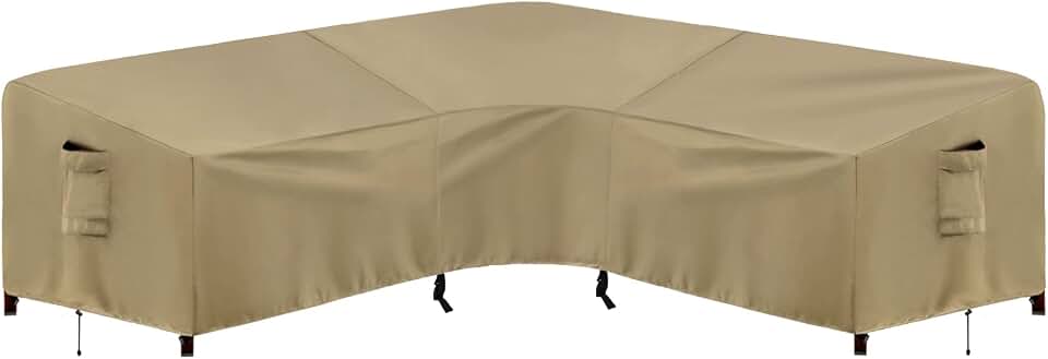 PureFit Outdoor Sectional Cover Waterproof L Shaped Patio Furniture Covers | Outside Couch Cover with Air Vent, Handles &amp; Adjustable Bottom for Deck, Lawn, Garden &amp; Backyard, 100" x 100" V Shaped, Camel