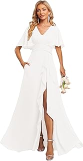 Women‘s Flutter Sleeve Ruffle Bridesmaid Dress with Pockets V Neck Long Formal Dress with Slit DI89 - Buy now
