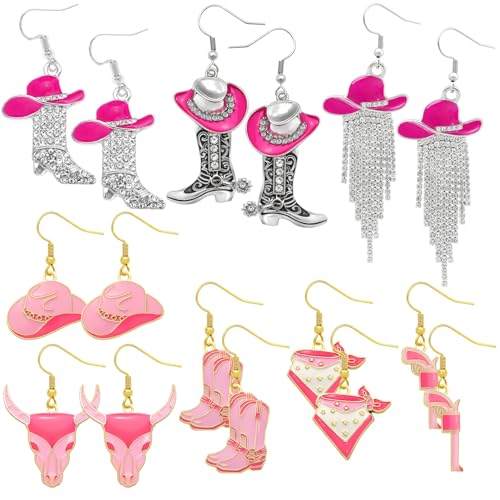 8 Pairs Cowgirl Western Country Concert Earrings Rhinestone Enamel Rodeo Cowboy Boot Earrings Tassel Cowboy Hat Dangle Earrings for Women Trendy