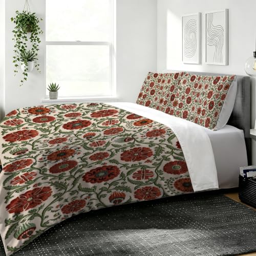 Parure de lit rouge brique style pastoral avec housse de couette imprimée fleurs - 5