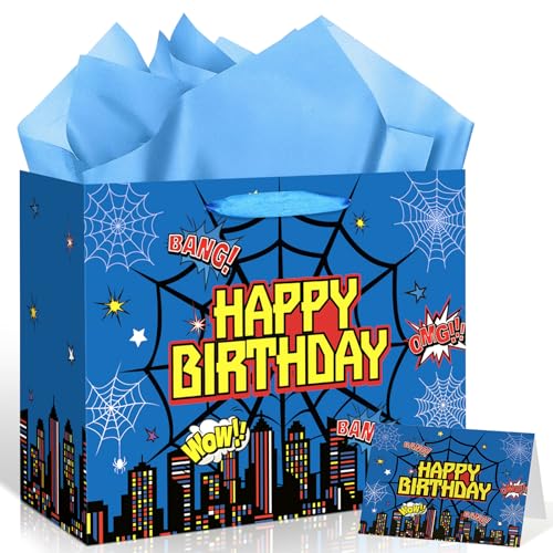 MOORIIY Bolsa de regalo de cumpleaños de héroe con tarjeta de felicitación y papel de regalo azul, bolsa de regalo de cumpleaños con temática de araña, bolsas de regalo de héroes azules para hombres y