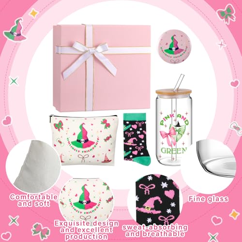 Kacctyen 5 Pcs Pink and Green Gift Set with Bow Glass Cup Socks Cosmetic Bag Mirror Box Pink and Green Themed Birthday Party Supplies Witch Stuff for Castle Fantasy Princess Witch Gifts3