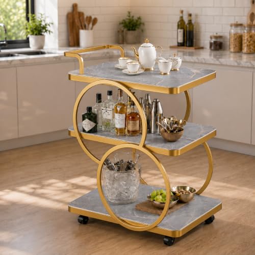 Image of Bar Table 3-Tier Metal Serving Table with Wheels Gold Elegant Home and Restaurant Mobile Cart for Effortless Food Serving Coffee Table for Living Room (Golden & Grey)