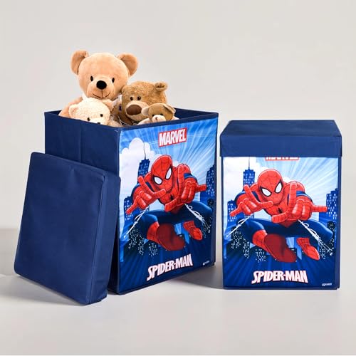 Kuber Industries Marvel Spiderman Lot de 2 boîtes de rangement pour jouets – Panier à linge pliable avec couvercle et poignées – Panier de rangement pour salle de bain – 60 litres – Bleu marine
