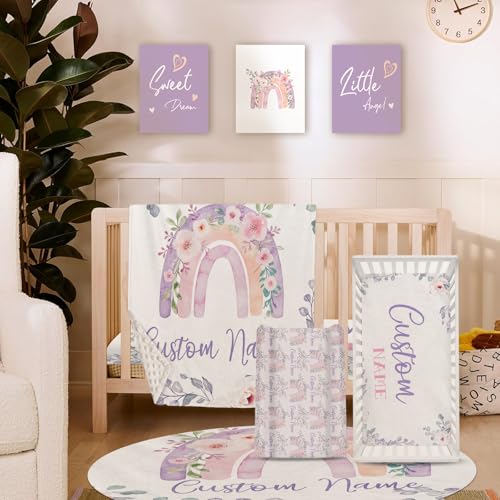HSHRYY Personalized Baby Crib Bedding Set - 5-Piece Custom Crib Set with Name, Purple Rainbow Theme, Nursery Bedding Set for Baby Girls, Newborn Crib Set, Ideal