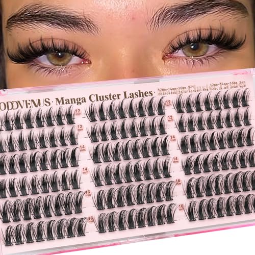 Goddvenus Manga Lash Clusters 12-14-16mm Natural Wispy Fairy Eyelash Clusters 144pcs Fluffy Cluster Eyelash Extensions Anime Cosplay No Plastic Feel Individual Lash Extension CC Curve
