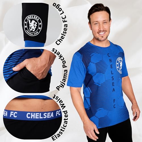 Chelsea F.C. Mens Pyjamas Set Nightwear T-Shirt and Long Bottoms PJs Lounge Set for Men Teenagers S-3XL Gifts for Men (Blue/Black, XXL)3