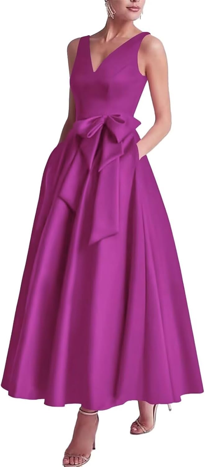 CWOAPO Satin Tea Length Mother of The Bride Dresses with Bow A Line V Neck Sleeveless Formal Evening Party Gowns
