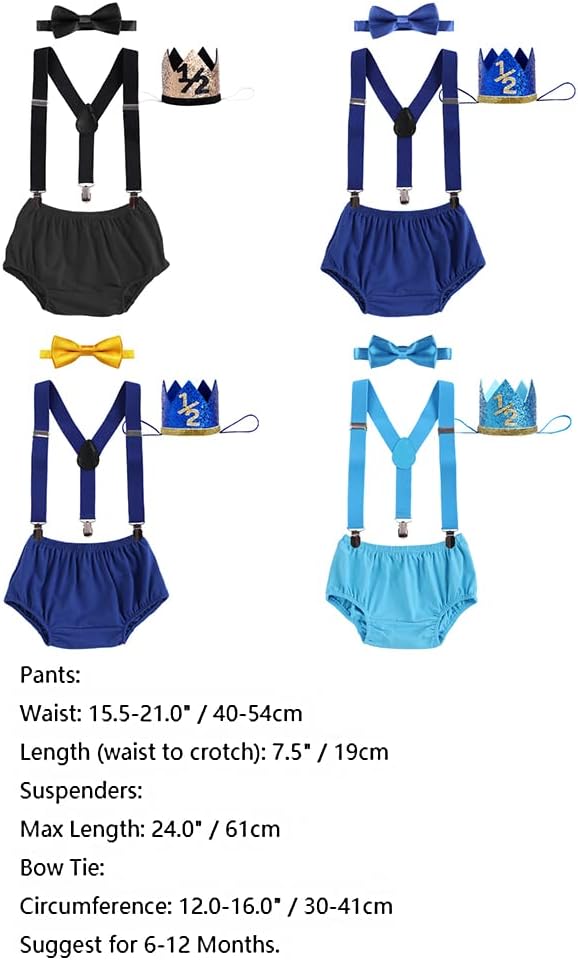 IBTOM CASTLE Baby Boy 1/2 Birthday Cake Smash Outfit Diaper Cover+Suspenders+Bow Tie+Crown Newborn Photography Clothes Set - Image 7