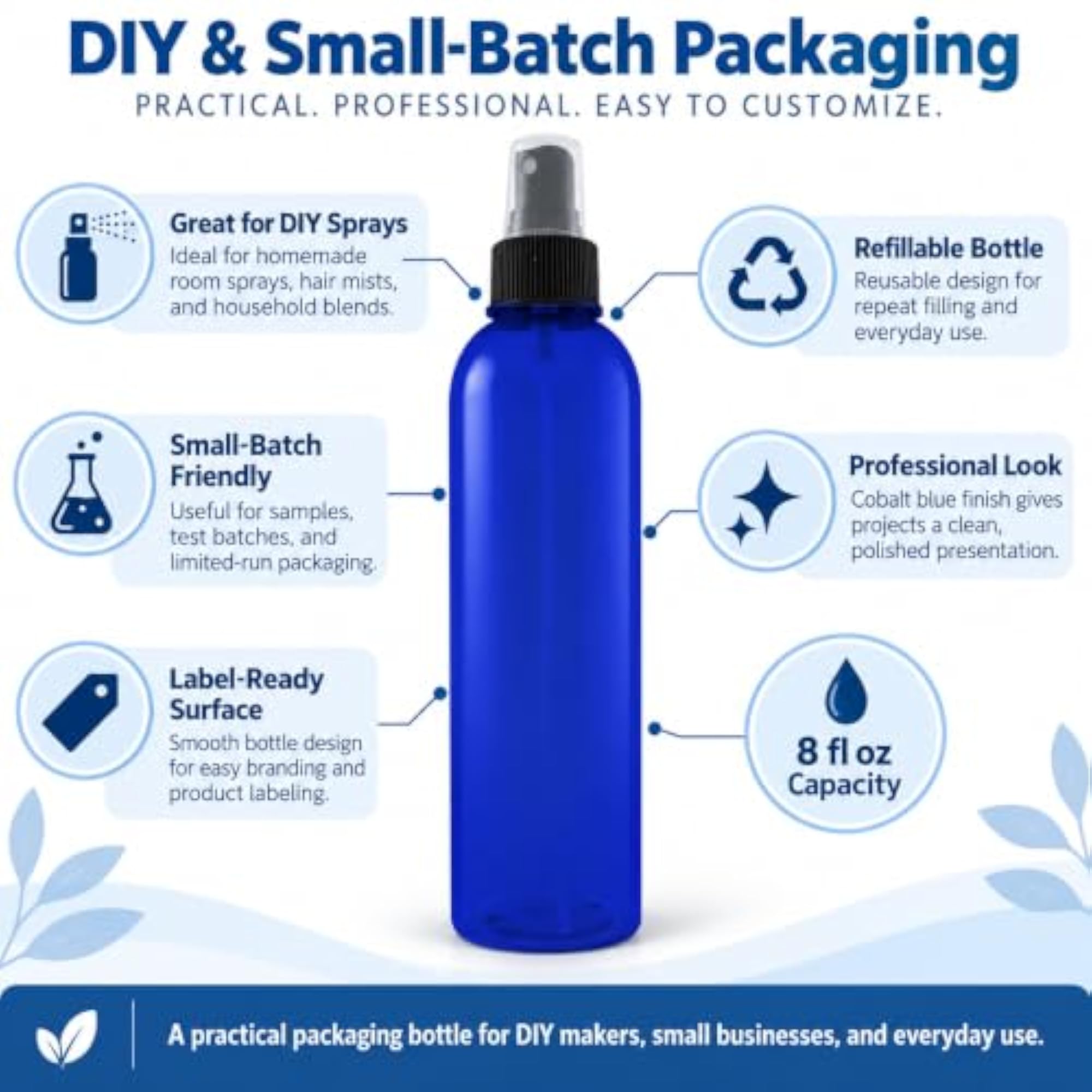 Cobalt Blue Plastic Spray Bottle with Black Cap, 8 fl oz