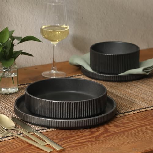 Image of Gibson Elite Deerfield 16-Piece Stoneware Dinnerware Set - Matte Black Reactive Glaze Plates and Bowls, Stackable, Modern Design, Service for 4 - Microwave & Dishwasher Safe