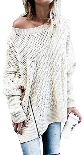 L'ASHER Women's V Neck Off Shoulder Side Split Knitted Pullover Sweater (Creamy-White, X-Large)