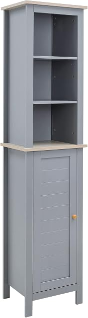 kleankin Bathroom Floor Storage Cabinet with 3 Tier Shelf and Cupboard with Door, Free Standing Linen Tower, Tall Slim Side Organizer Shelves, Grey