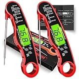 2 Pack Fast Instant Read Meat Thermometer with Backlight - Waterproof Digital Food Probe for Grilling, Cooking, Baking & Candy Making - Kitchen & BBQ Essential(Red)