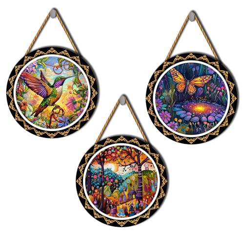 Image of GENXTRA Set of 3 Round Wooden Wall Hanging Decor | Vibrant Nature Art with Hummingbird, Butterfly & Fantasy Garden | Decorative Wall Art for Living Room, Bedroom & Office | Ideal Diwali & Housewarming Gift