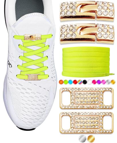 TOPPING STYLE Elastic No Tie Shoe Laces with Bling Diamond Locks & Charms for Women's Sneakers (Neon Green- Gold)