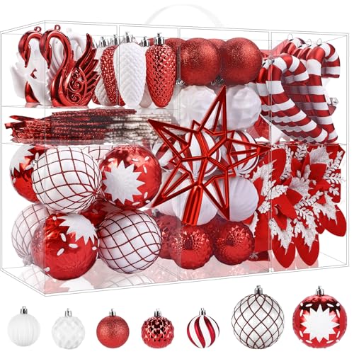 Alupssuc 128pcs Christmas Balls Ornaments Set, Shatterproof Plastic Baubles Christmas Flowers, Ribbon, Tree Topper for Xmas Tree Holiday Wedding Party Decorations with Hanging Strings, Red and White by Alupssuc - Used condition - US$8.32