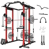Mikolo Power Cage Power Rack with Cable Crossover System, 1500LBS Squat Rack,with LAT Pull Down System, Home Gym Packages with Weight Bench, Olympic Barbell Weight Set-Red
