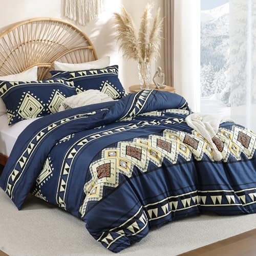 Navy Blue Duvet Cover Set Double Boho Striped Bedding Set Ethnic Exotic Farmhouse Bohemian Aztect Quilt Cover Ultra Soft Microfiber Duvet Cover