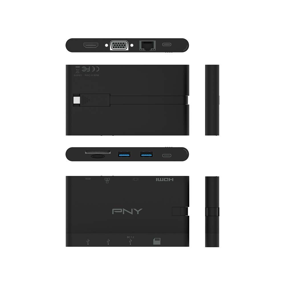 PNY 9 w 1 Mini Przenośny Hub Zasilający USB-C z Wbudowanym Kablem dla Urządzeń Kompatybilnych - 2 Porty USB-C, 2 Porty USB-A 3.1, HDMI, VGA, Gniazda SD/microSD