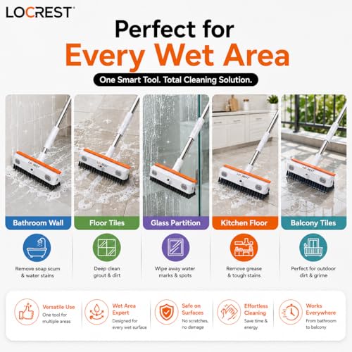 Image of Milton Bathroom Cleaning Brush with Long Handle & Built-in Liquid Dispenser, 2-in-1 Floor Scrub Brush with Wiper, Extendable Stainless Steel Tile Cleaning Brush for Bathroom, Kitchen, Glass & Balcony