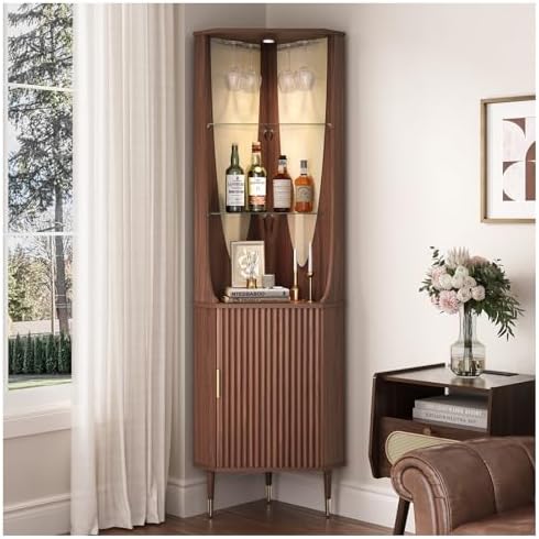 JOINICE 70" Tall Corner Bar Cabinet Walnut