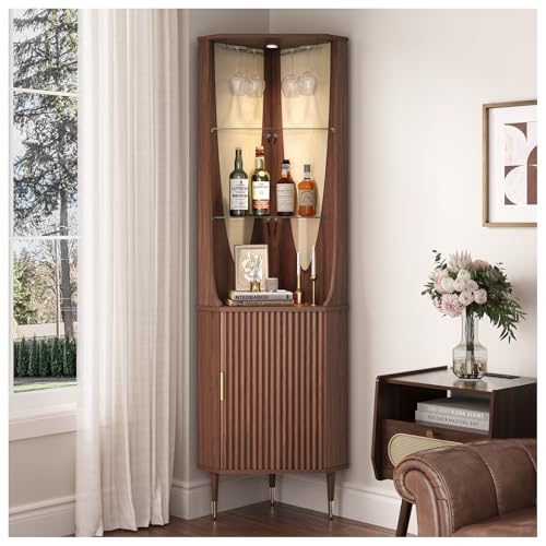 Image of JOINICE Tall Corner Bar Cabinet for Liquor,Mid-Century Modern,Walnut,70 inch | Fluted Door,Glass Shelves,Wine Cabinet with Led for Living Room, Kitchen,Dining Room,Easy Assembly,for Small Apartment