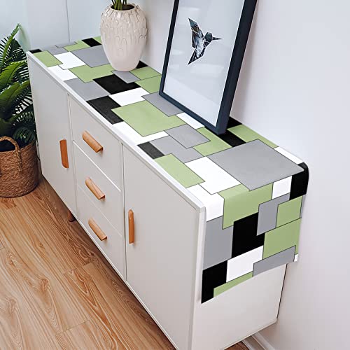 Abstract Geometric Table Runner 13X90Inch Long, Anti-Slip Cotton Linen Table Runenrs, Rectangle Tabletop Decoration For Wedding Kitchen Holiday Party Home Decor Green Black Grey Color Block Splice #TOP4