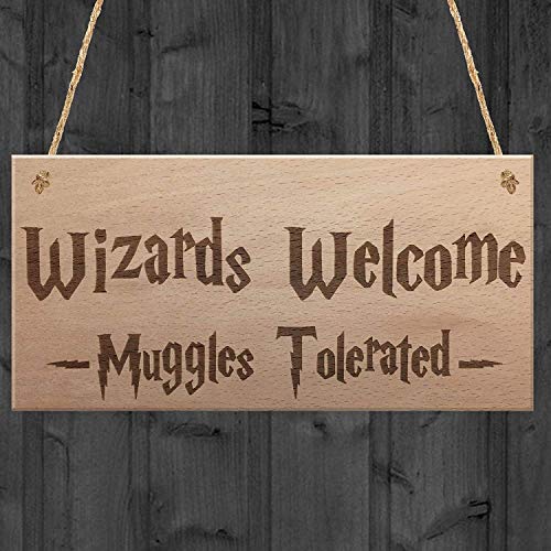 Red Ocean Wizards Welcome Muggles Tolerated Gift Hanging Plaque Magic Home Sign