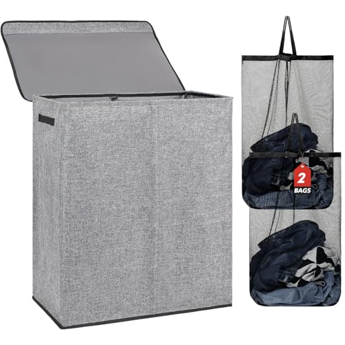DOKEHOM 150L Double Laundry Basket with Lid and Removable Laundry Bags, Large Collapsible Laundry Hamper with 2 Sections for Bedroom, Bathroom, Laundry Room, Colloge (Grey) by DOKEHOM - Used condition - US$24.71