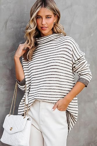 Women's Chic and Classic Khaki Striped Turtleneck Loose Sweater4