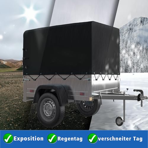 YALYAYA Anhängerplane hochplane 210x114x90 cm, Randverstärkte Anhänger Abdeckplane mit ösen und planenseil,Wasserfest Reißverschluss REIßFESTE,Gewebeplane Abdeckung für PKW anhänger 750kg(schwarz)
