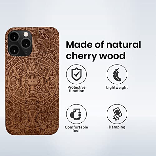 Sevgie Iphone 14 Pro Max Wood Phone Case – Aztec Mayan Calendar- Wooden Protective Case Compatible With Iphone – Eco-Friendly Natural Cherrywood Phone Cover – Shockproof Phone Case Resistant Natural #TOP3