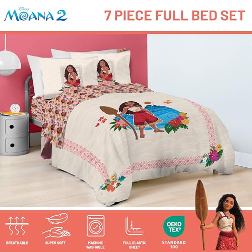 Image of Disney Moana Full Comforter Set 7 Piece Kids Bedding for Girls, Beige